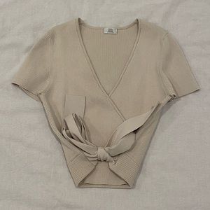 little moon Tie-Front Knitted Short-Sleeve Shirt